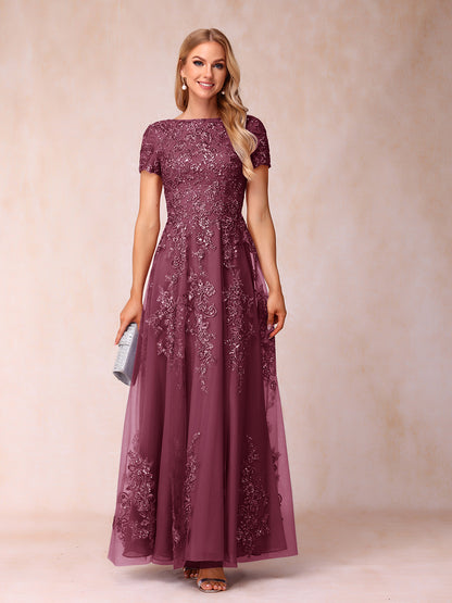 A-Line/Princess Sheer Neck Short Sleeves Long Formal Evening Dresses with Appliques & Sequins