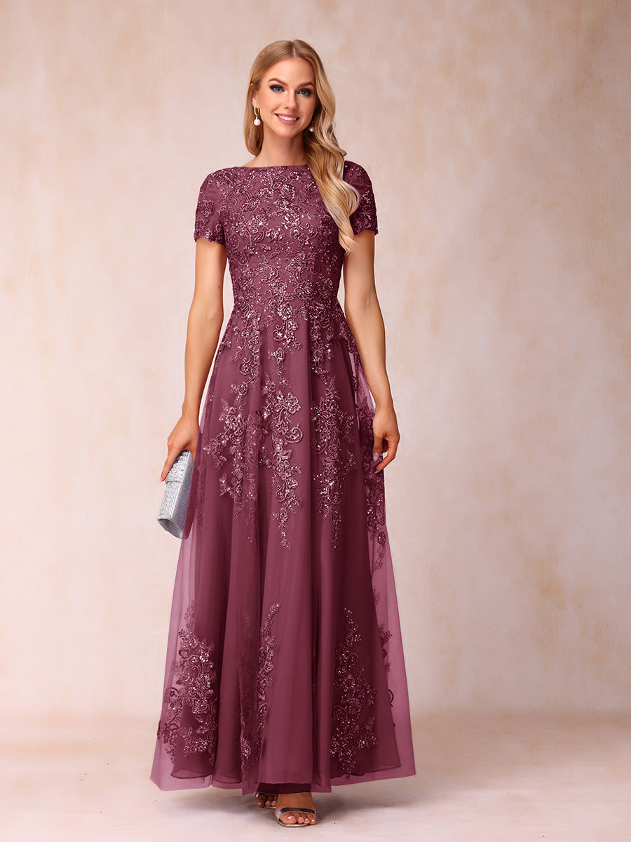 A-Line/Princess Sheer Neck Short Sleeves Long Formal Evening Dresses with Appliques & Sequins