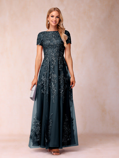 A-Line/Princess Sheer Neck Short Sleeves Long Formal Evening Dresses with Appliques & Sequins