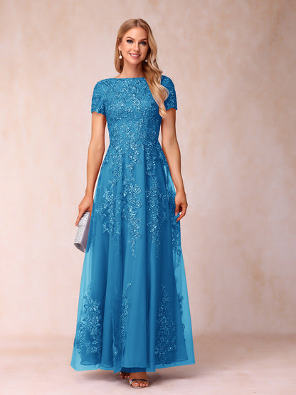 A-Line/Princess Sheer Neck Short Sleeves Long Formal Evening Dresses with Appliques & Sequins