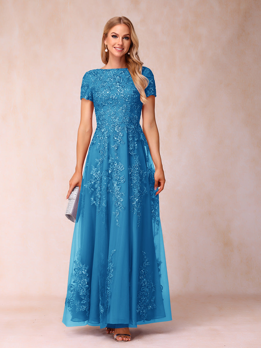 A-Line/Princess Sheer Neck Short Sleeves Long Formal Evening Dresses with Appliques & Sequins