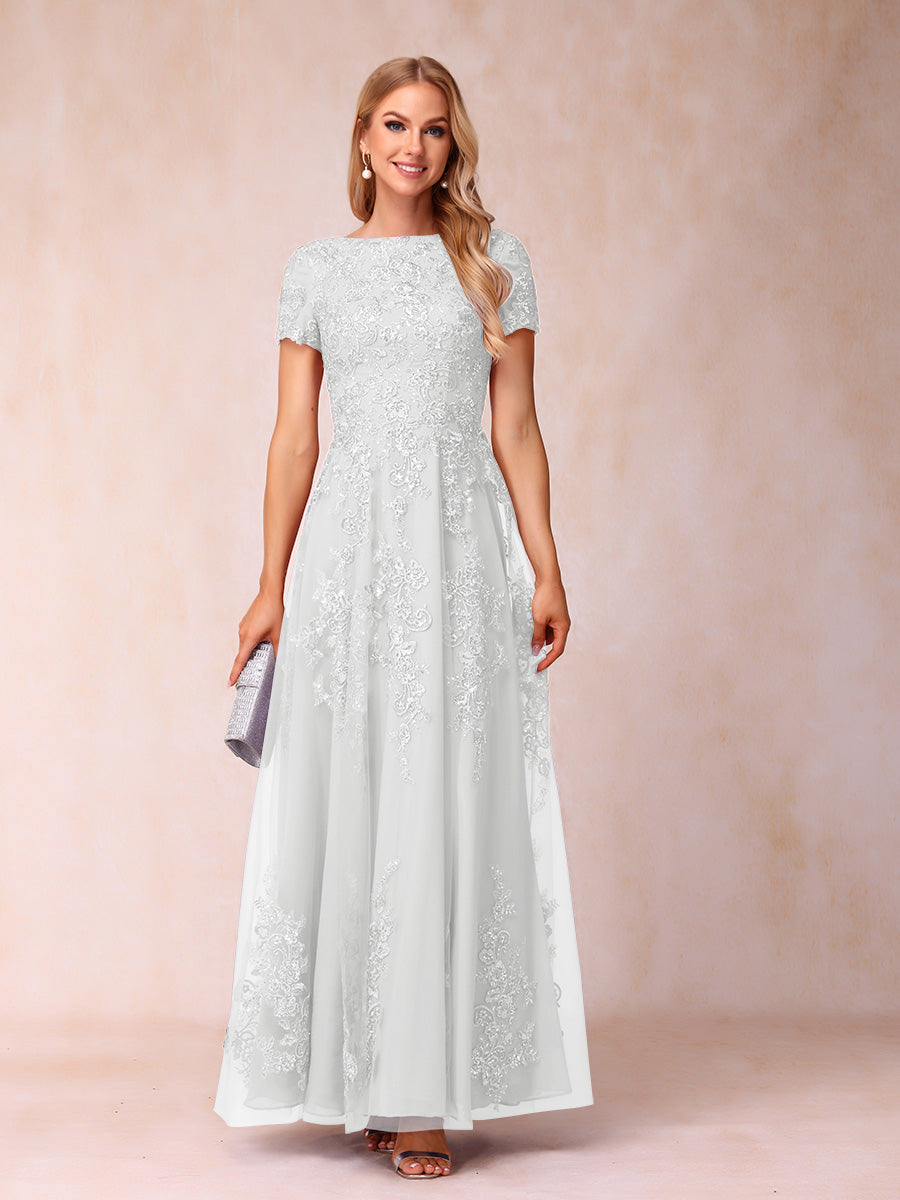 A-Line/Princess Sheer Neck Short Sleeves Long Formal Evening Dresses with Appliques & Sequins