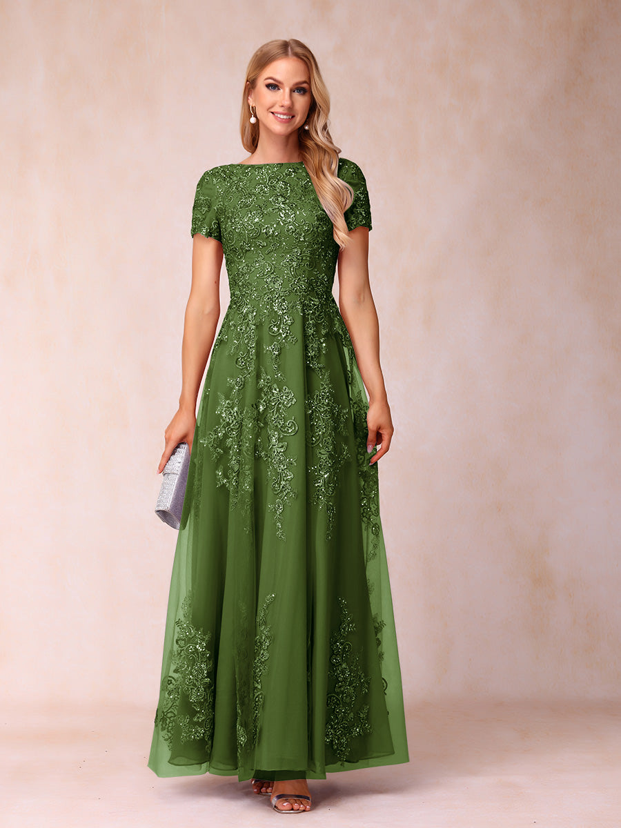 A-Line/Princess Sheer Neck Short Sleeves Long Formal Evening Dresses with Appliques & Sequins