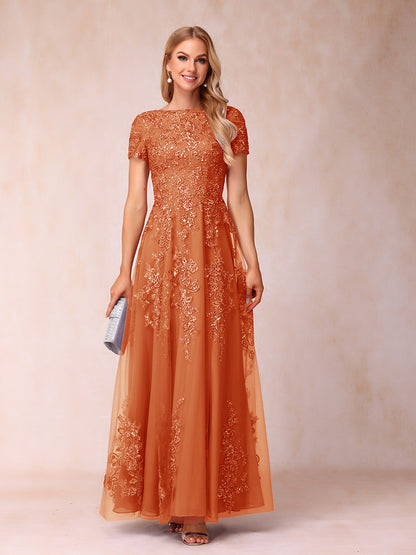 A-Line/Princess Sheer Neck Short Sleeves Long Formal Evening Dresses with Appliques & Sequins