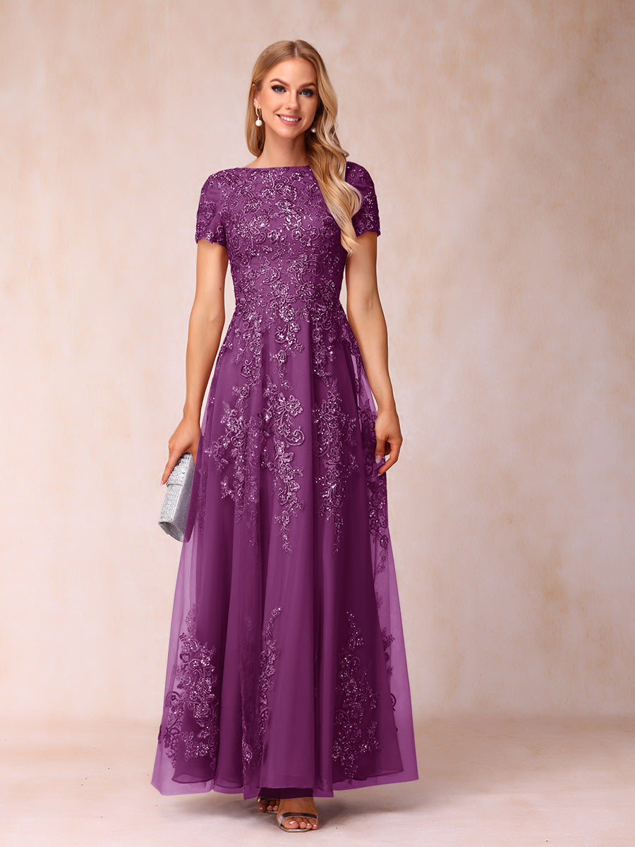 A-Line/Princess Sheer Neck Short Sleeves Long Formal Evening Dresses with Appliques & Sequins