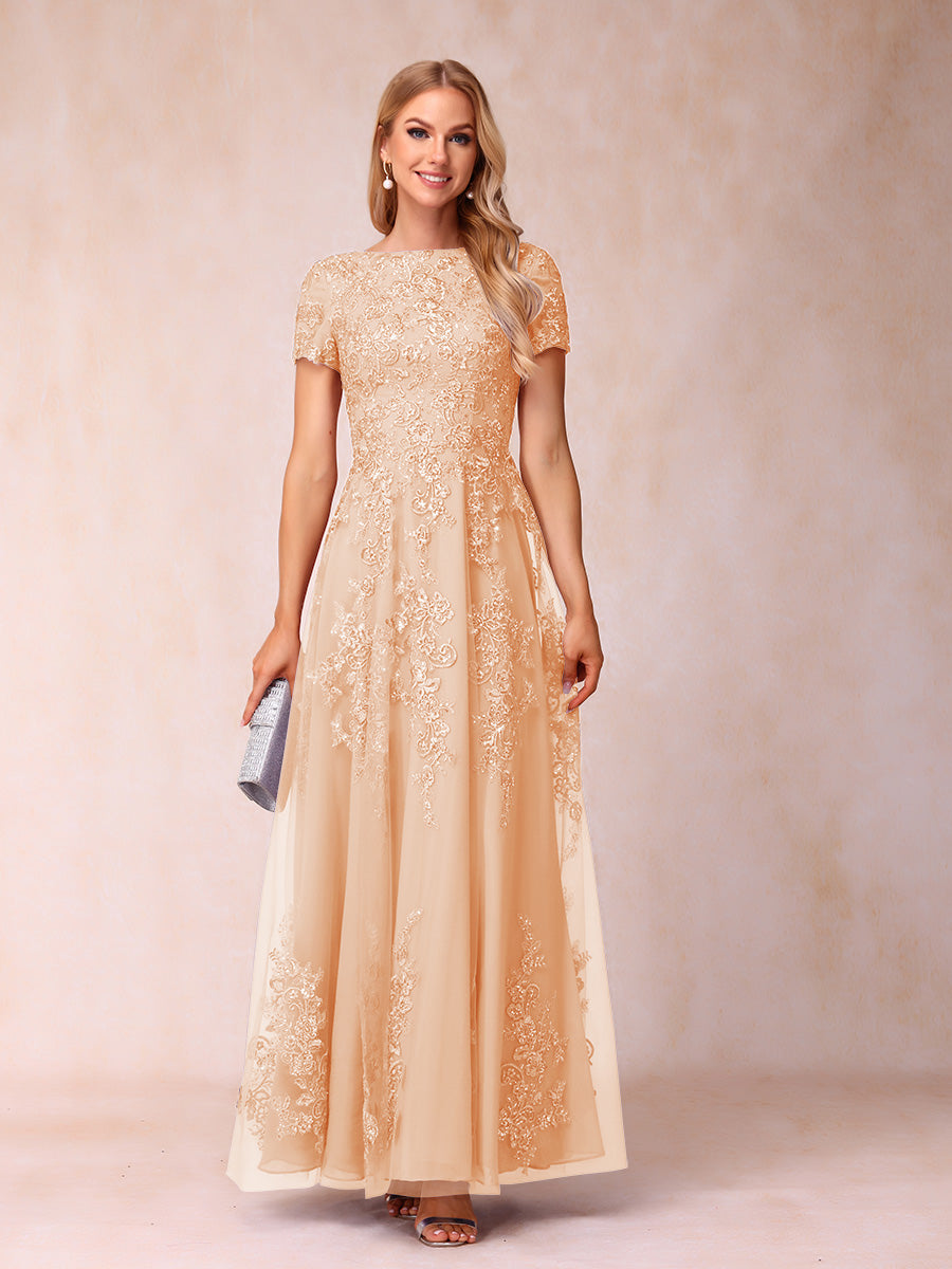 A-Line/Princess Sheer Neck Short Sleeves Long Formal Evening Dresses with Appliques & Sequins
