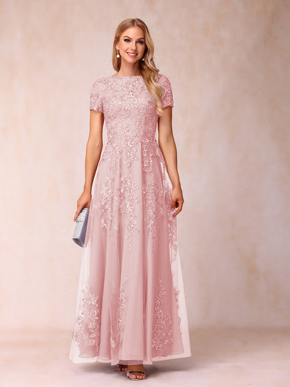A-Line/Princess Sheer Neck Short Sleeves Long Formal Evening Dresses with Appliques & Sequins