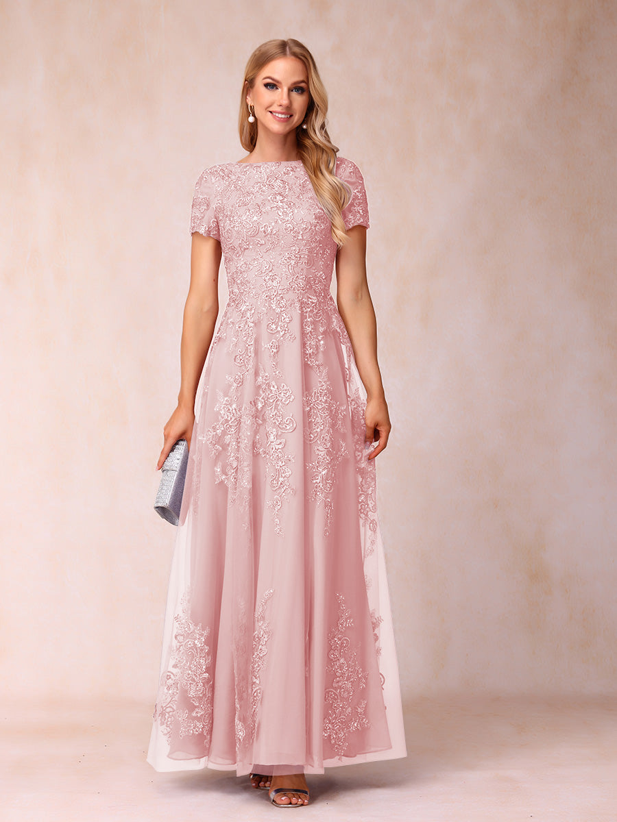 A-Line/Princess Sheer Neck Short Sleeves Long Formal Evening Dresses with Appliques & Sequins