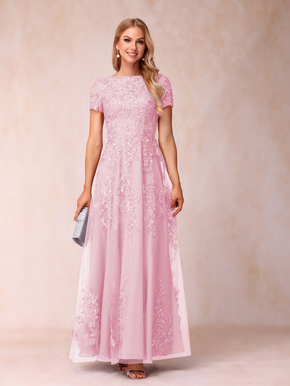 A-Line/Princess Sheer Neck Short Sleeves Long Formal Evening Dresses with Appliques & Sequins