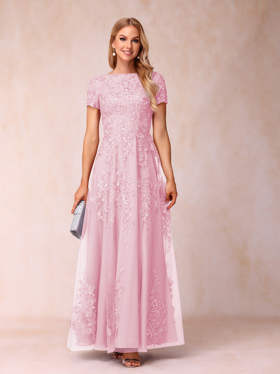 A-Line/Princess Sheer Neck Short Sleeves Long Formal Evening Dresses with Appliques & Sequins