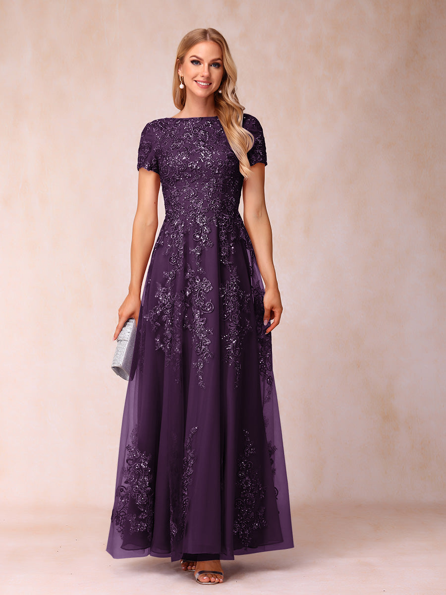 A-Line/Princess Sheer Neck Short Sleeves Long Formal Evening Dresses with Appliques & Sequins