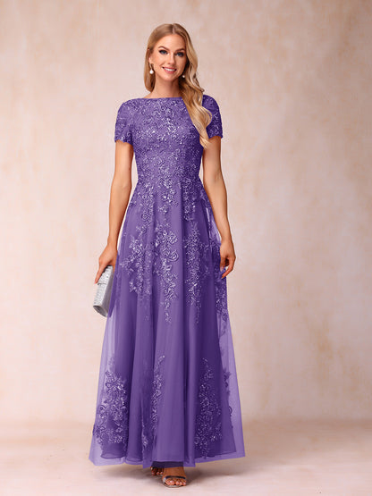 A-Line/Princess Sheer Neck Short Sleeves Long Formal Evening Dresses with Appliques & Sequins