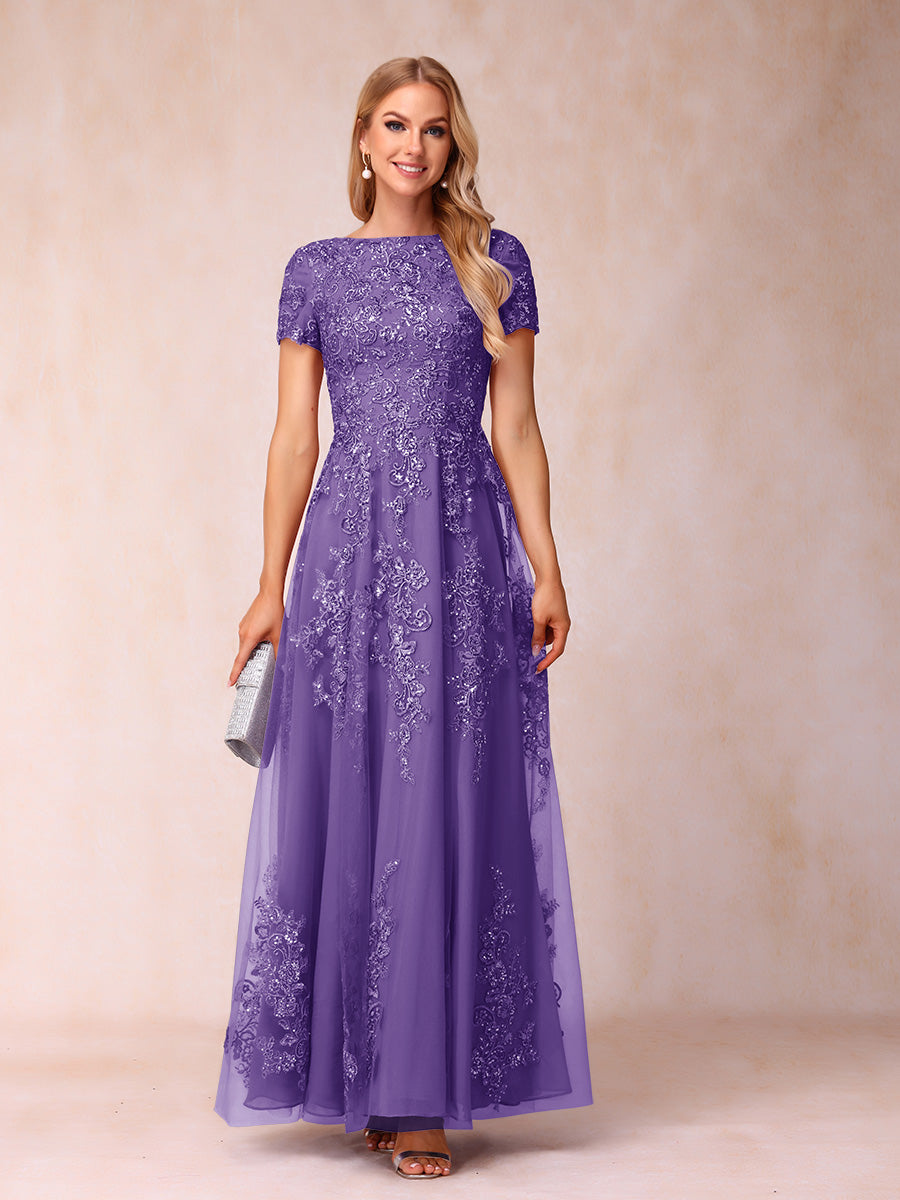 A-Line/Princess Sheer Neck Short Sleeves Long Formal Evening Dresses with Appliques & Sequins