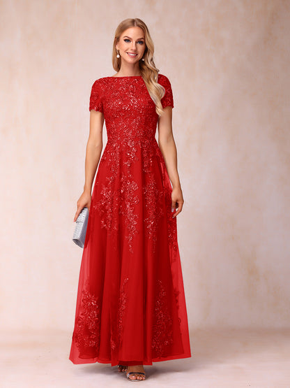 A-Line/Princess Sheer Neck Short Sleeves Long Formal Evening Dresses with Appliques & Sequins