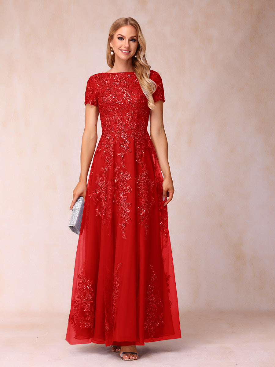 A-Line/Princess Sheer Neck Short Sleeves Long Formal Evening Dresses with Appliques & Sequins
