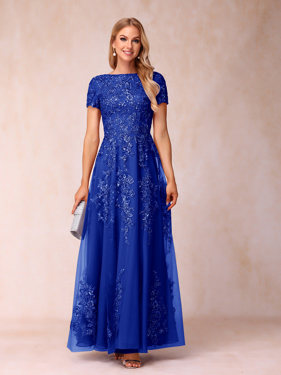 A-Line/Princess Sheer Neck Short Sleeves Long Formal Evening Dresses with Appliques & Sequins