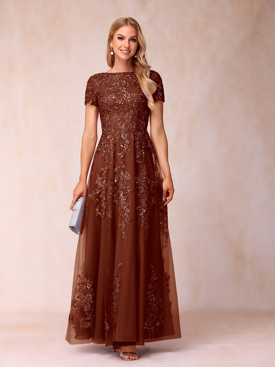 A-Line/Princess Sheer Neck Short Sleeves Long Formal Evening Dresses with Appliques & Sequins
