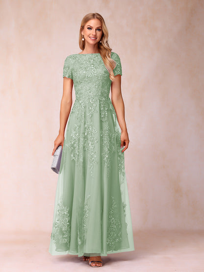 A-Line/Princess Sheer Neck Short Sleeves Long Formal Evening Dresses with Appliques & Sequins