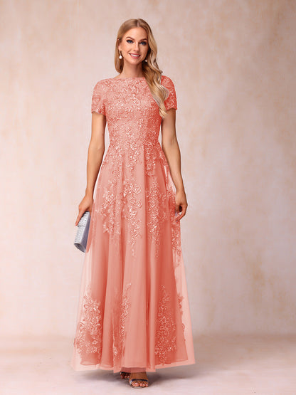 A-Line/Princess Sheer Neck Short Sleeves Long Formal Evening Dresses with Appliques & Sequins