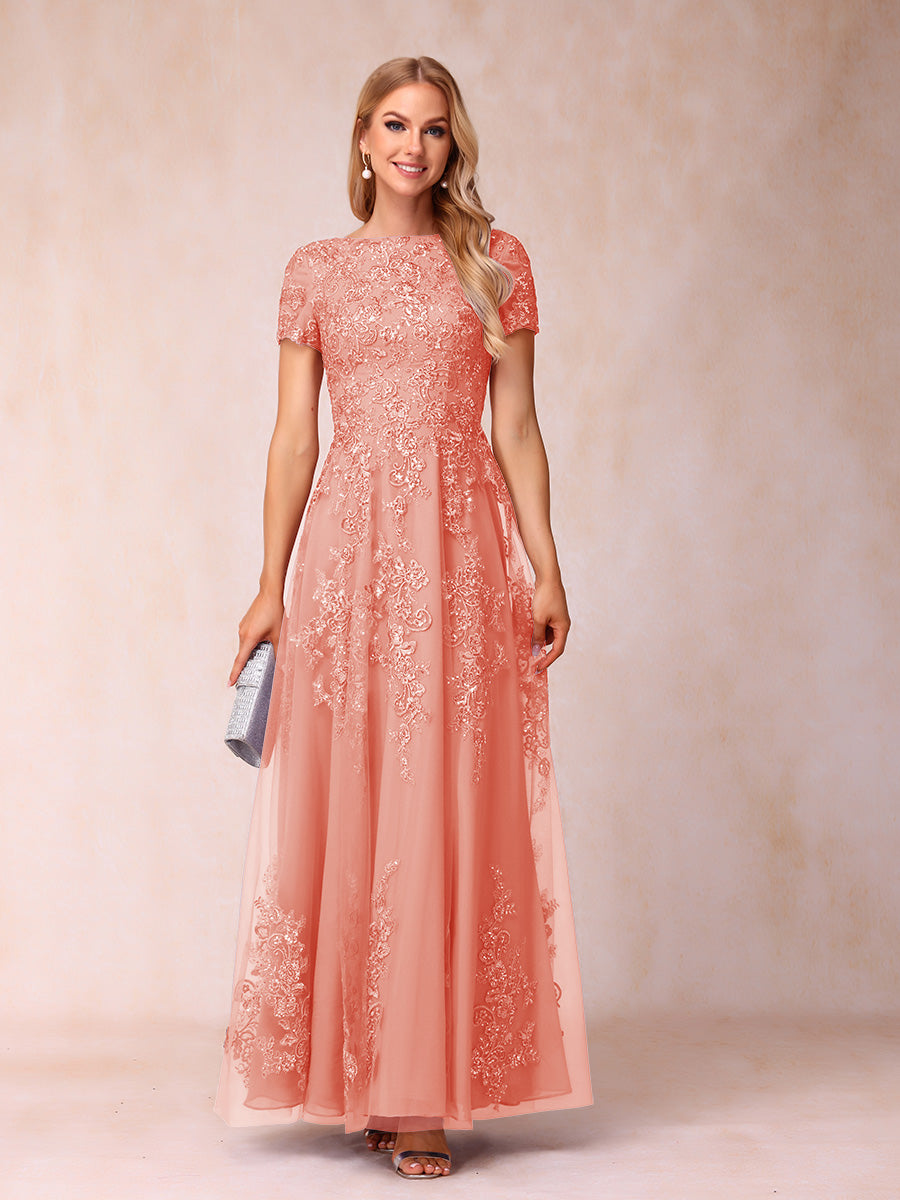A-Line/Princess Sheer Neck Short Sleeves Long Formal Evening Dresses with Appliques & Sequins