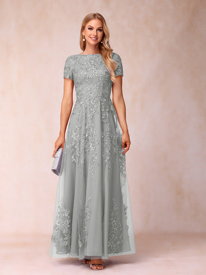 A-Line/Princess Sheer Neck Short Sleeves Long Formal Evening Dresses with Appliques & Sequins
