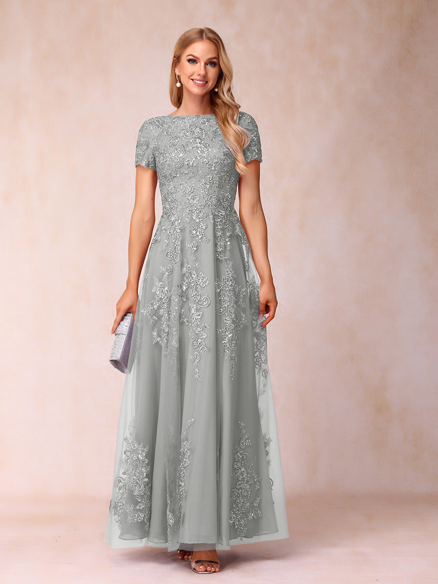 A-Line/Princess Sheer Neck Short Sleeves Long Formal Evening Dresses with Appliques & Sequins