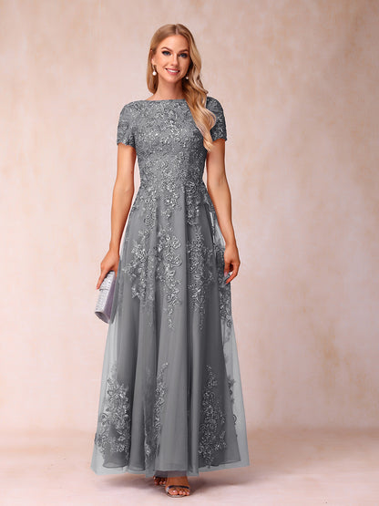 A-Line/Princess Sheer Neck Short Sleeves Long Formal Evening Dresses with Appliques & Sequins
