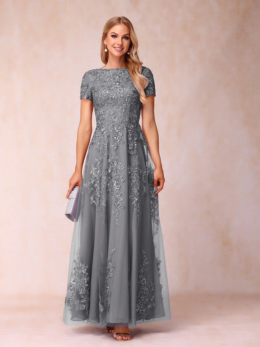 A-Line/Princess Sheer Neck Short Sleeves Long Formal Evening Dresses with Appliques & Sequins