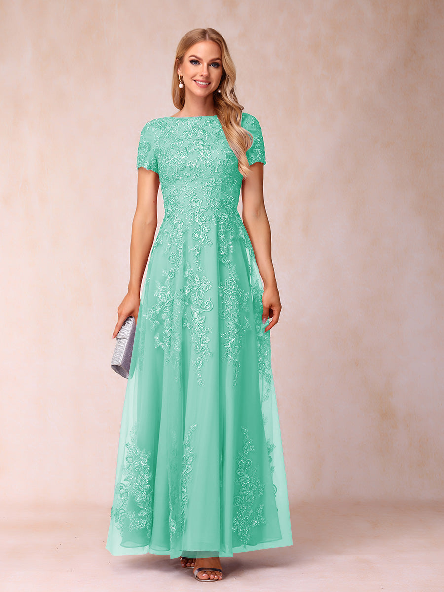 A-Line/Princess Sheer Neck Short Sleeves Long Formal Evening Dresses with Appliques & Sequins