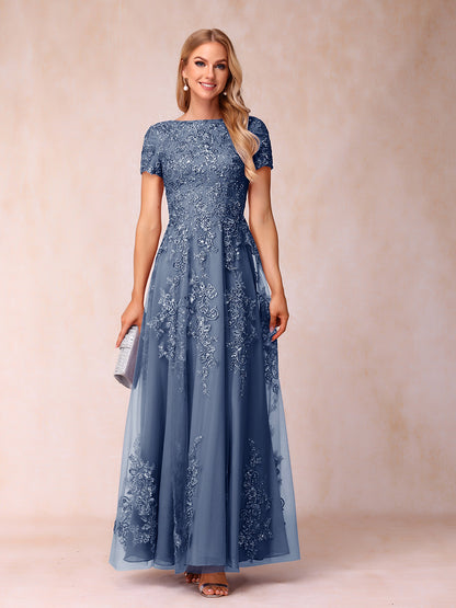 A-Line/Princess Sheer Neck Short Sleeves Long Formal Evening Dresses with Appliques & Sequins