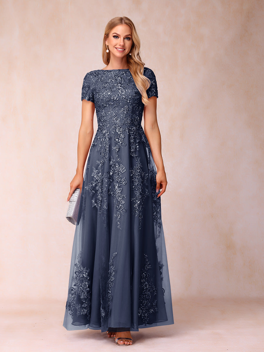 A-Line/Princess Sheer Neck Short Sleeves Long Formal Evening Dresses with Appliques & Sequins