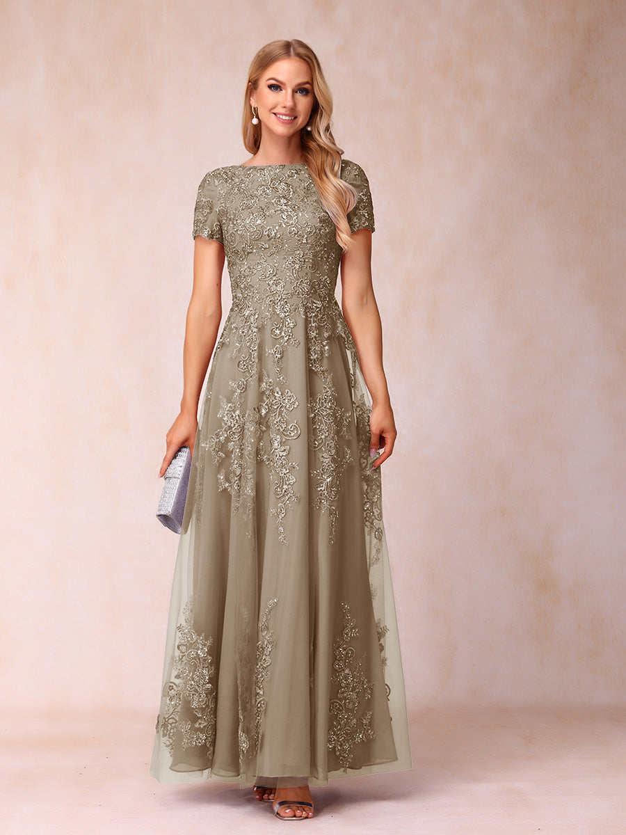 A-Line/Princess Sheer Neck Short Sleeves Long Formal Evening Dresses with Appliques & Sequins