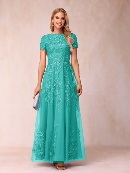 A-Line/Princess Sheer Neck Short Sleeves Long Formal Evening Dresses with Appliques & Sequins