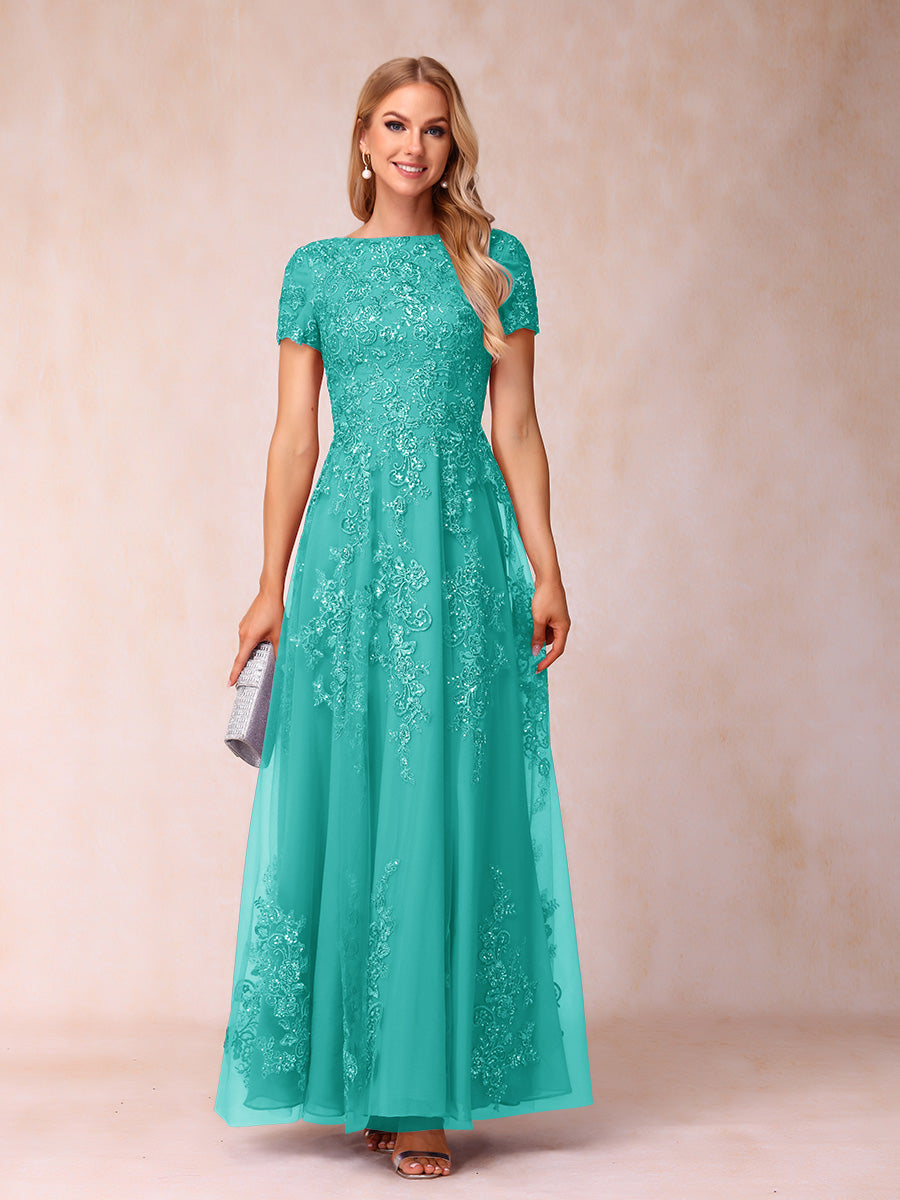 A-Line/Princess Sheer Neck Short Sleeves Long Formal Evening Dresses with Appliques & Sequins