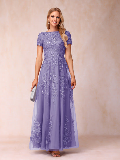 A-Line/Princess Sheer Neck Short Sleeves Long Formal Evening Dresses with Appliques & Sequins