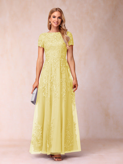 A-Line/Princess Sheer Neck Short Sleeves Long Formal Evening Dresses with Appliques & Sequins
