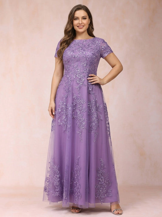 A-Line/Princess Sheer Neck Short Sleeves Long Formal Plus Size Evening Dresses with Appliques