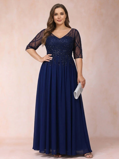 A-Line/Princess V-Neck Half Sleeves Long Formal Plus Size Evening Dresses with Beading