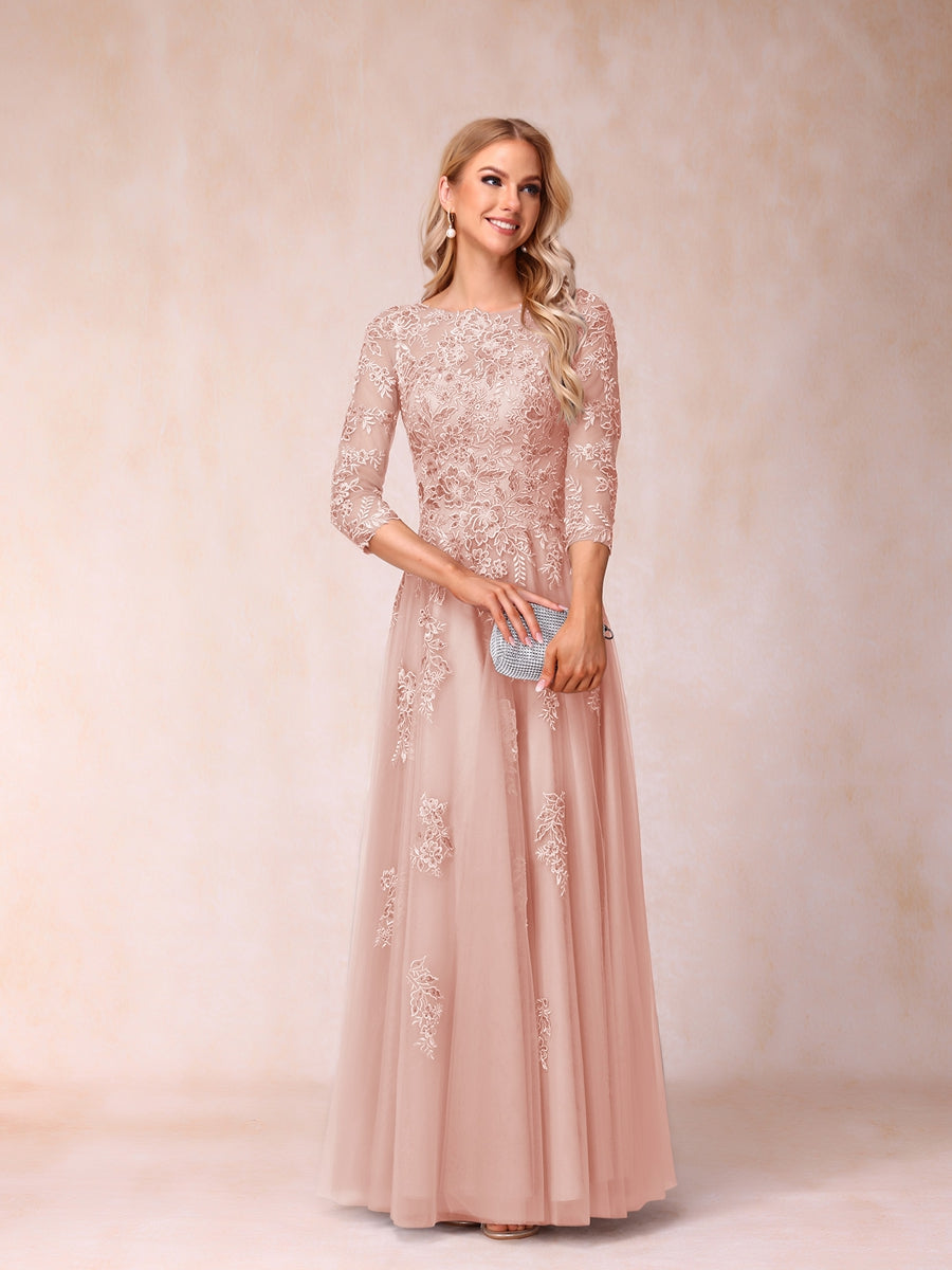 A-Line/Princess Sheer Neck Half Sleeves Long Formal Evening Dresses with Beading & Appliques
