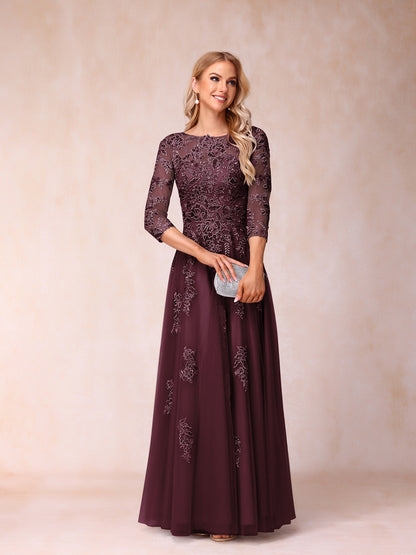 A-Line/Princess Sheer Neck Half Sleeves Long Formal Evening Dresses with Beading & Appliques