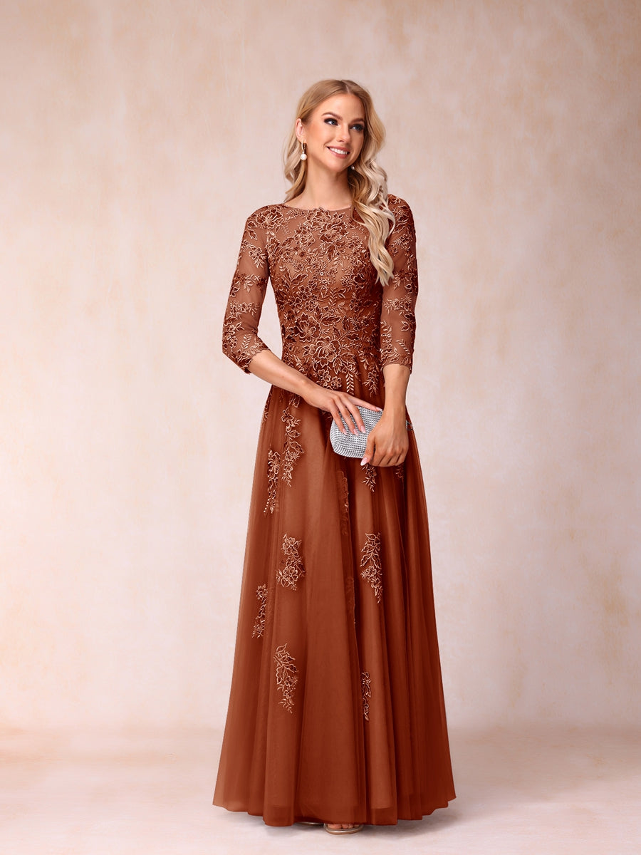 A-Line/Princess Sheer Neck Half Sleeves Long Formal Evening Dresses with Beading & Appliques