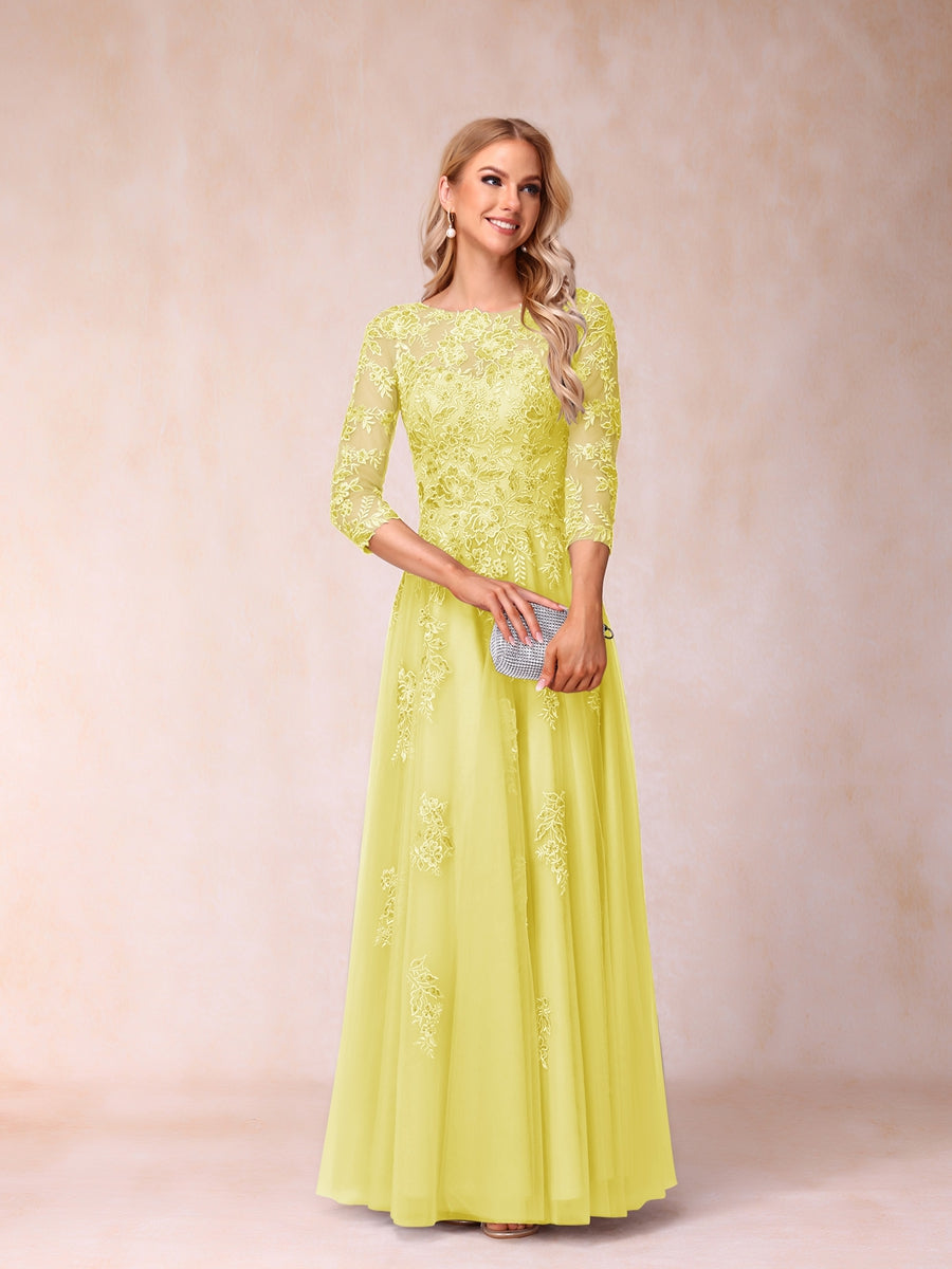 A-Line/Princess Sheer Neck Half Sleeves Long Formal Evening Dresses with Beading & Appliques