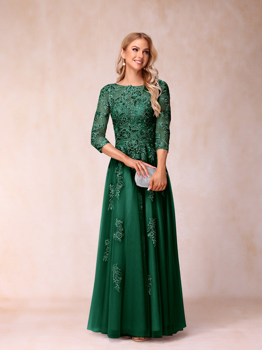 A-Line/Princess Sheer Neck Half Sleeves Long Formal Evening Dresses with Beading & Appliques