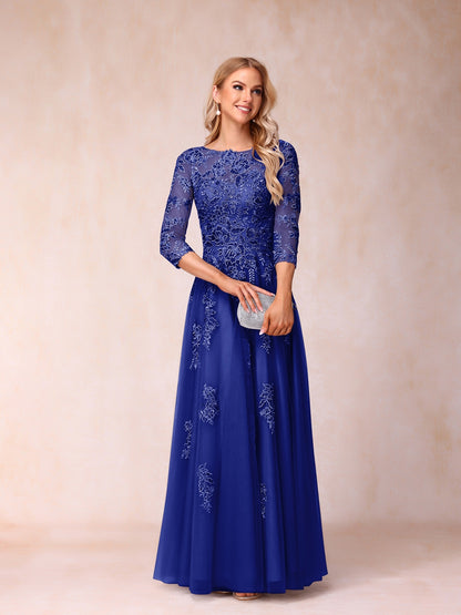 A-Line/Princess Sheer Neck Half Sleeves Long Formal Evening Dresses with Beading & Appliques