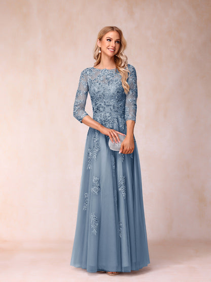 A-Line/Princess Sheer Neck Half Sleeves Long Formal Evening Dresses with Beading & Appliques