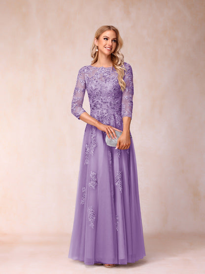 A-Line/Princess Sheer Neck Half Sleeves Long Formal Evening Dresses with Beading & Appliques