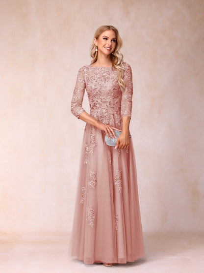 A-Line/Princess Sheer Neck Half Sleeves Long Formal Evening Dresses with Beading & Appliques
