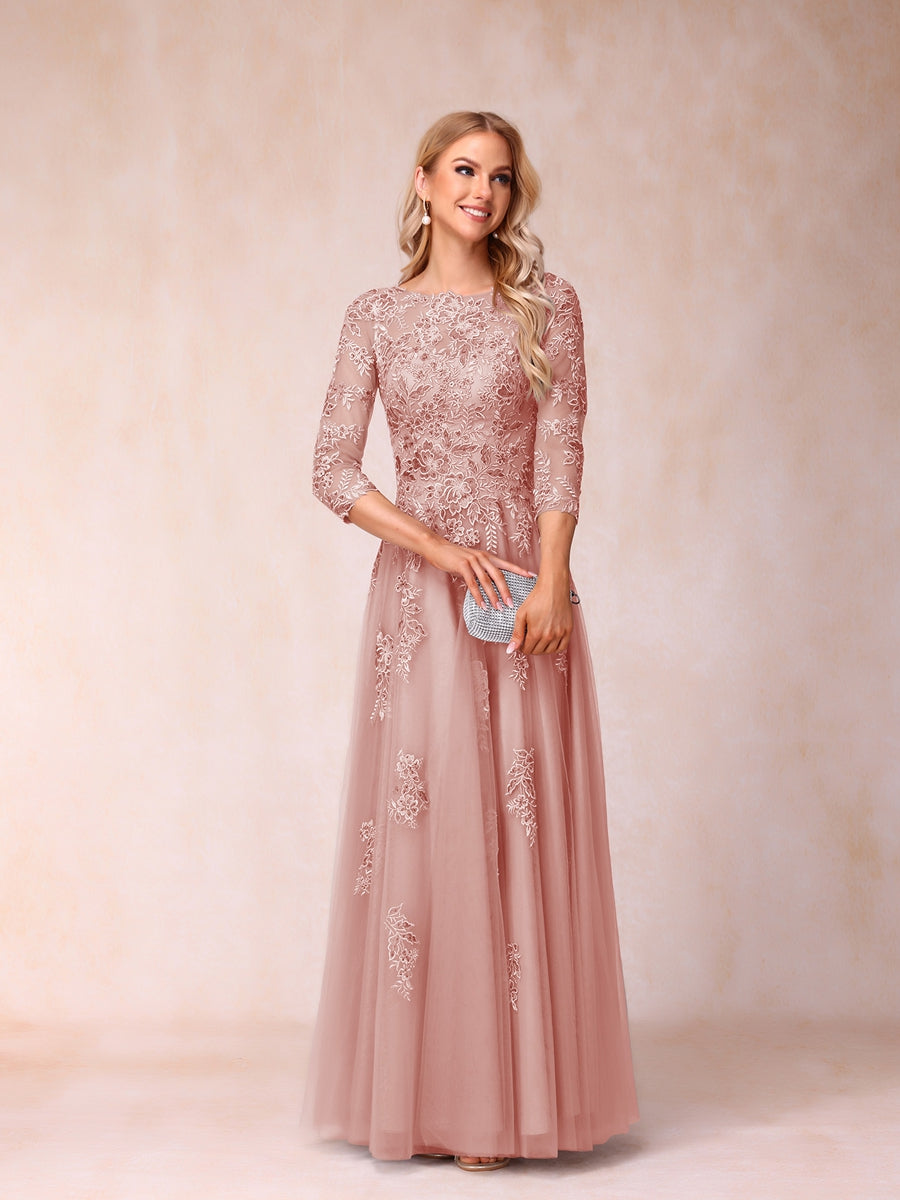 A-Line/Princess Sheer Neck Half Sleeves Long Formal Evening Dresses with Beading & Appliques