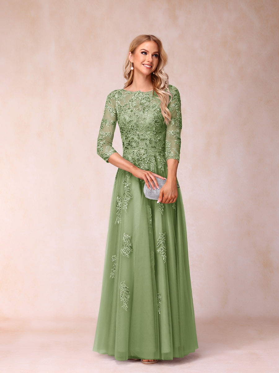 A-Line/Princess Sheer Neck Half Sleeves Long Formal Evening Dresses with Beading & Appliques