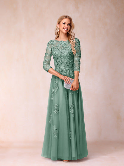 A-Line/Princess Sheer Neck Half Sleeves Long Formal Evening Dresses with Beading & Appliques